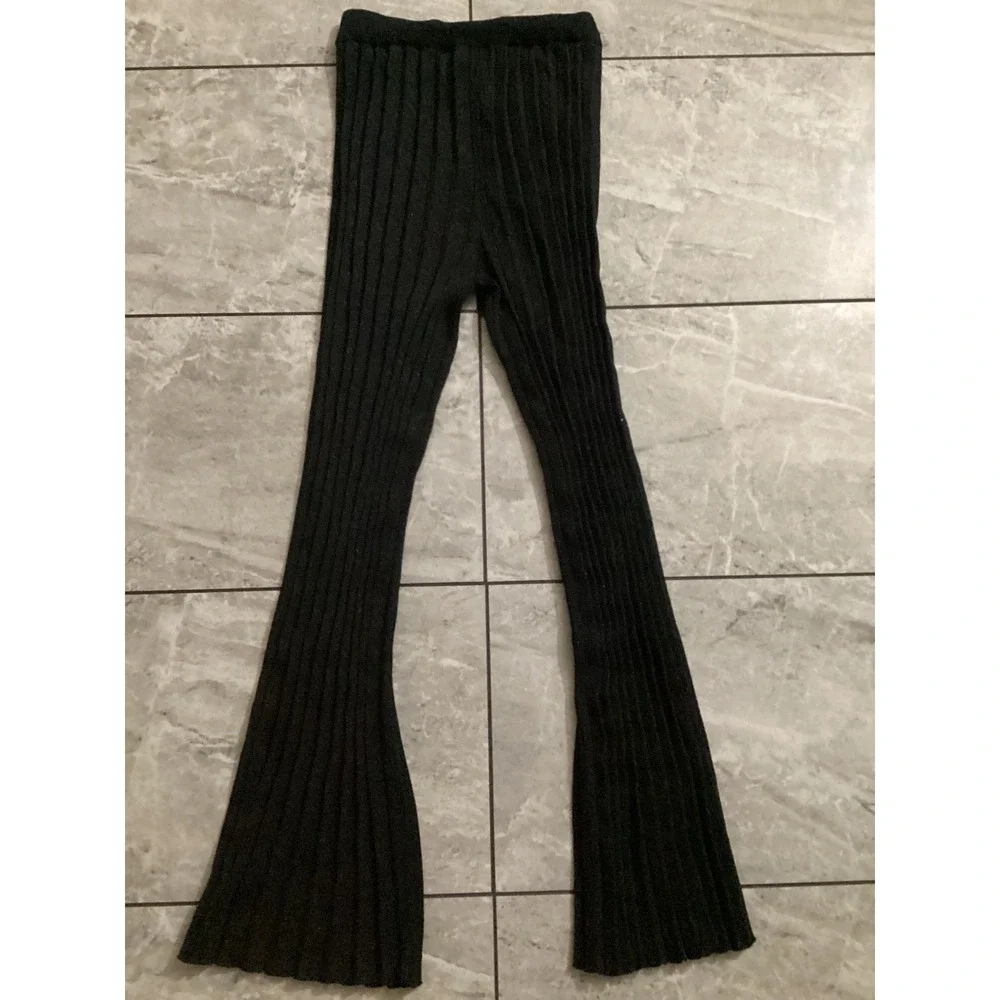 House of Harlow 1960 Black Metallic Ribbed Knit Flare Leg Pants Womens Size M